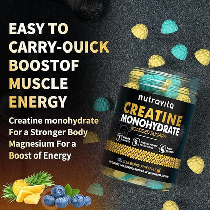 Nutravita NSF Certified Creatine Gummy - Creatine Monohydrate Gummies for Men & Women-5g of Creatine Monohydrate per Serving - Sugar Free,Vegan,Blueberry Pineapple Flavor, 120 Count