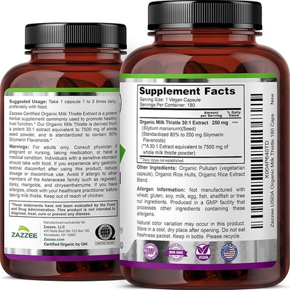 Zazzee USDA Organic Milk Thistle 30:1 Extract, 80% Silymarin, 180 Vegan Capsules, 6 Month Supply, Certified Kosher, High Potency Liver & Antioxidant Support, Silybum Marianum, Non-GMO, Made in the USA