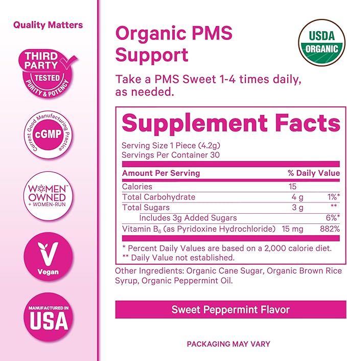 Pink Stork Organic PMS Support Sweets for Teens and Women - Simple & Natural Ingredients Vitamin B6 and Peppermint - Period, Digestion, Bloating, Mood Swings - 30 Drops