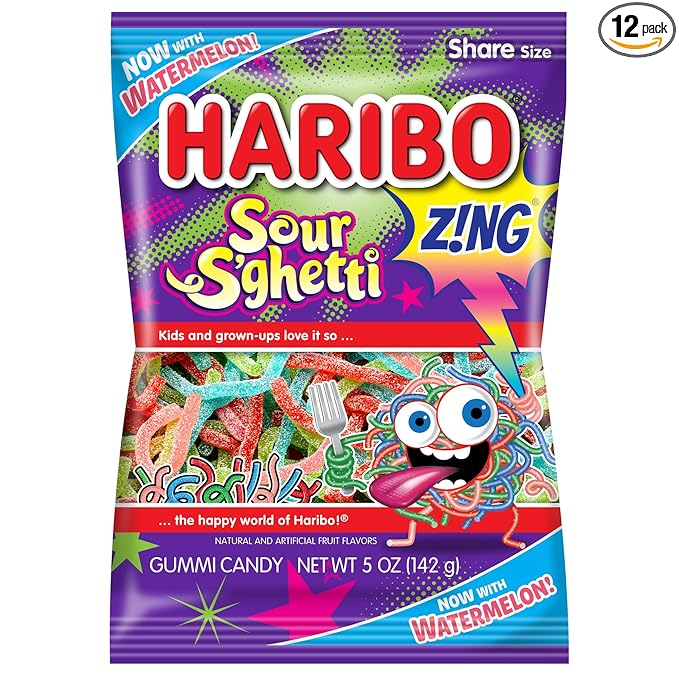 HARIBO Gummi Candy, Z!NG Sour S’ghetti, Sour Gummy Candy, 5 Ounce Bag (Pack of 12) Delicious Soft & Chewy Snacks, Assorted Fruity Flavors
