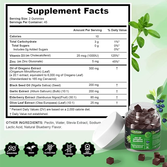 Oregano Oil with Black Seed Oil Organic Gummies for Kids and Adults | 6-in-1 Oregano Oil Supplement | Carvacrol + Thymoquinone | Immune Support with Garlic, Elderberry | Sugar-Free, 90 Chewable