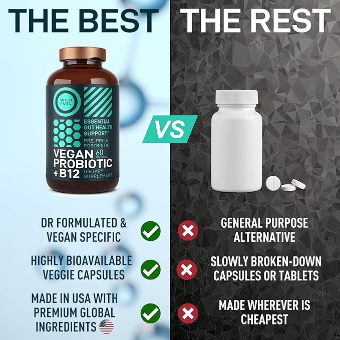 Vegan Probiotic Plus B12 & FOS - 22 Billion CFU Synbiotics Prebiotics and Probiotics for Digestive Health, IBS, Mood Support - B12 Pre Pro Post Biotics for Women & Men - 60 Gluten-Free Capsules