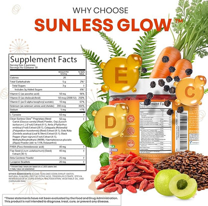 Sunless Glow Lycopene Beta Carotene Tanning Gummies Astaxanthin Vitamin C D E Flax Seed Selenium Amla l Tyrosine PABA Black Pepper 60 Count Strawberry Banana Flavor By Clean Nutra
