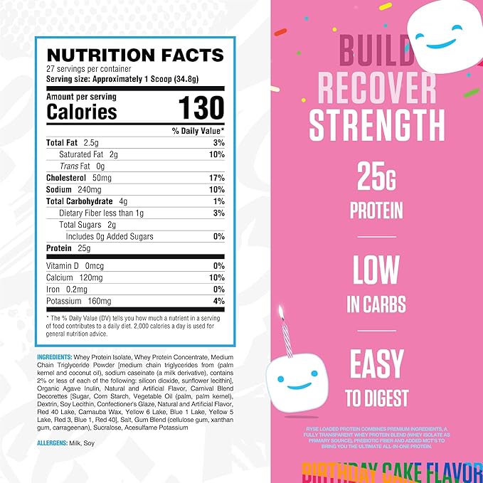 RYSE Loaded Protein Powder - Jet-Puffed Birthday Cake - 25g Whey Protein Isolate & Concentrate with Prebiotic Fiber & MCTs - Low Carb, Low Sugar, Digestive-Friendly - 27 Servings / 2 lb Tub