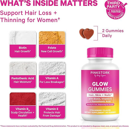 Pink Stork Total Glow Gummies for Women – Hair, Skin & Nails Vitamin with Biotin, Vitamin A, B6, B12, Folate, Zinc & More – Support for Radiant Skin, Strong Nails, and Healthy Hair – 60 Berry Gummies