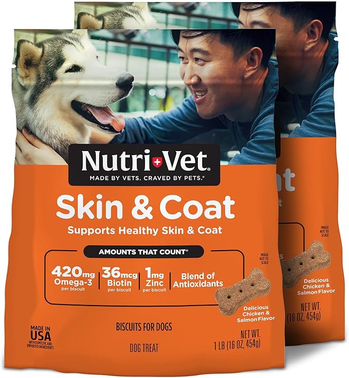 Nutri-Vet Skin & Coat Biscuits, Skin and Coat Supplement, Dog Treat, Dog Supplements, Omega 3 Fish Oil, Small Sized Biscuit, Made with Omega 3 and Biotin, Fish Oil Treat for Pets, 16 oz (Pack of 2)
