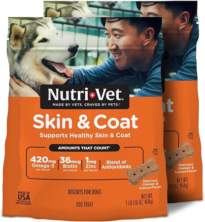 Nutri-Vet Skin & Coat Biscuits, Skin and Coat Supplement, Dog Treat, Dog Supplements, Omega 3 Fish Oil, Small Sized Biscuit, Made with Omega 3 and Biotin, Fish Oil Treat for Pets, 16 oz (Pack of 2)