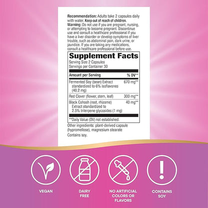 Nature's Way EstroSoy, Menopause Relief Blend*, Helps Relieve Menopausal Symptoms*, Black Cohosh, Fermented Soy Extracts, Red Clover, 60 Vegan Capsules (Packaging May Vary)