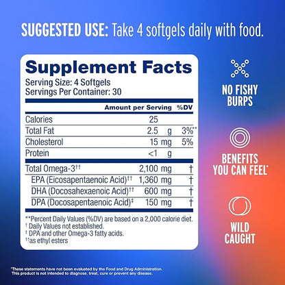 Oceanblue Professional Omega-3 2100mg Mini Fish Oil Softgels - Triple Strength, High Potency EPA, DHA & DPA - Burpless, Wild-Caught, Natural Orange Flavor - 120 Count
