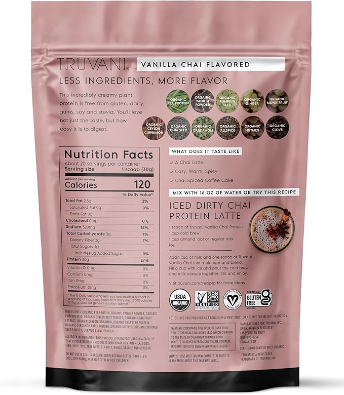 Truvani Vegan Pea Protein Powder | Vanilla Chai | 20g Organic Plant Based Protein | 20 Servings | Keto | Gluten & Dairy Free | Low Carb | No Added Sugar