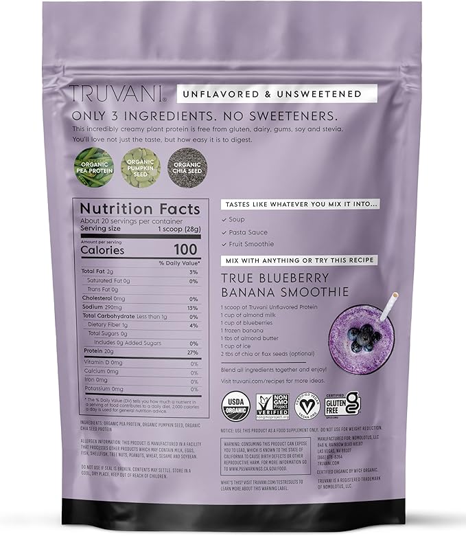 Truvani Pea Protein Powder | Unflavored | 20g Organic Vegan Plant Based Protein | 20 Servings | Keto | Gluten & Dairy Free | Low Carb | No Added Sugar