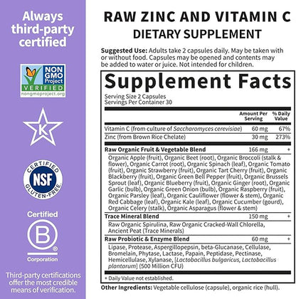 Garden of Life Zinc Supplements 30mg High Potency Raw Zinc and Vitamin C Multimineral Supplement, Vitamin Code Vitamins Trace Minerals & Probiotics for Skin Health & Immune Support, 60 Vegan Capsules