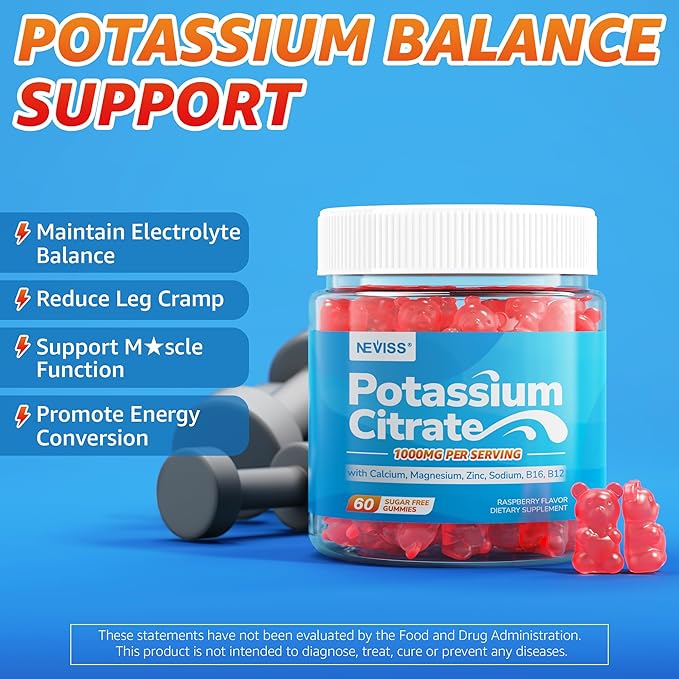 Potassium Citrate 1000mg Gummies, Potassium Magnesium Supplement + Calcium, Zinc, Sodium, Vitamin B6, B12, Support Leg Cramps, Electrolyte Balance, Body Performance, Energy Boost, Sugar Free, 60 Cts
