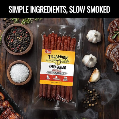 Tillamook Country Smoker Smoked Sausage, Zero Sugar, Original, 16 Ounce (36 Count Meat Sticks Bulk Pack) Real Hardwood Smoked Sausages, Low Carb, High Protein Ready to Eat Keto Snack