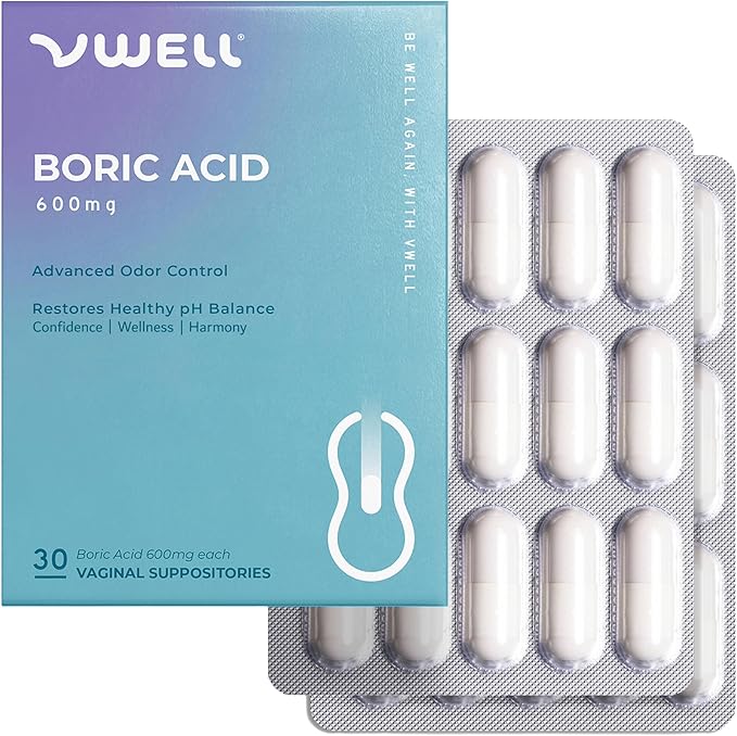 VWELL Boric Acid Vaginal Suppositories - Homeopathic Solution Maintains and Balances Healthy Vaginal pH & Microbiome Intimacy - Doctors Recommended (One Size, 30, Count)