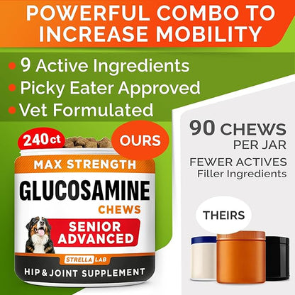 Senior Advanced Glucosamine Joint Supplement for Dogs - Hip & Joint Pain Relief - Small + Large Breeds -Omega-3 Fish Oil - Chondroitin, MSM- Mobility Soft Chews for Older Dogs - Bacon Flavor - 240Ct