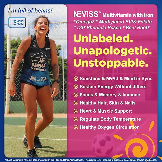 NEVISS Methylated Multivitamin Gummies with Iron for Women, Bariatric Multivitamin, Omega-3, B6, Folate, B12, Inositol, Daily Vitamin Gummy ALA | Beet Root | Astaxanthin, Energy, Brain, Antioxidant