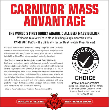 MuscleMeds Carnivor Mass Anabolic Beef Protein Gainer, Chocolate Fudge, 10.4 Pounds,Brown,003679