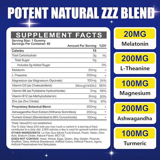 Maennyliy Melatonin 20mg Gummies for Adults - Sugar Free Melatonin Gummies Extra Strength with L-Theanine, Magnesium, Ashwagandha, Turmeric, D3 & Zinc - Non-Habit Forming