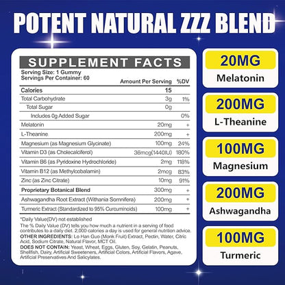 Maennyliy Melatonin 20mg Gummies for Adults - Sugar Free Melatonin Gummies Extra Strength with L-Theanine, Magnesium, Ashwagandha, Turmeric, D3 & Zinc - Non-Habit Forming