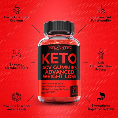 Atlantis Nutrition Keto ACV Gummies for Weight Loss - Supports Digestion, Weight Loss, Detox & Cleansing - Apple Cider Vinegar Gummies Formulated with 1000MG ACV Per Serving - 90 Count
