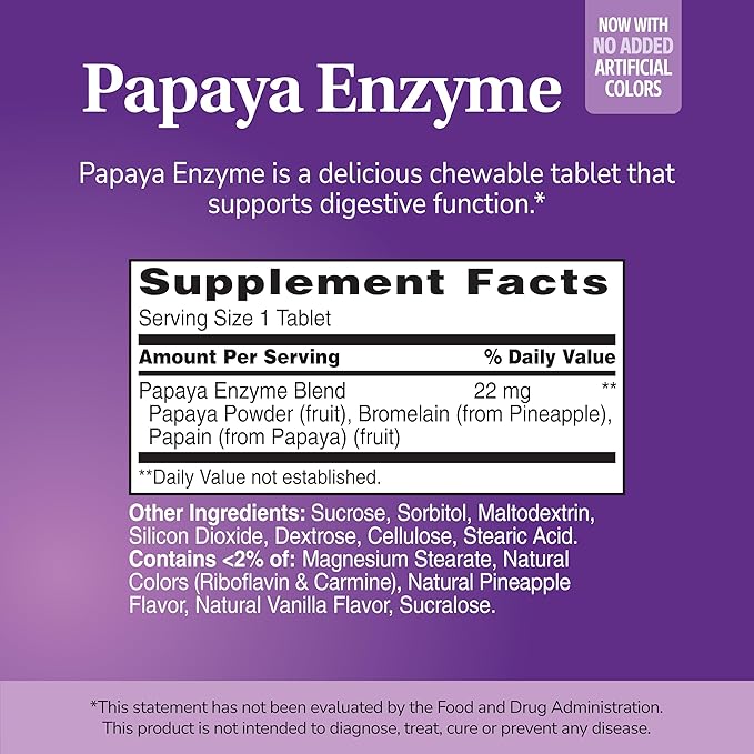 21st Century Papaya Enzyme Chewable (100 Count), Papaya & Pineapple Digestive Enzymes for Gut Health, Tropical Flavor, Non-GMO, Gluten-Free, No Added Salt, Artificial Flavors