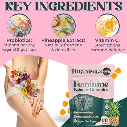 Premium Feminine Balance Gummies - for Women’s Health & Wellness - Immune Support - Vegan, Gluten-Free - Hawaiian Pineapple - 90 Gummies - 45 Servings