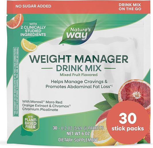 Nature's Way Weight Manager Drink Mix Packets, Supports Craving Management & Abdominal Fat Loss*(1), with Clinically Studied Ingredients, Plant-Based Fiber, No Sugar, Mixed Fruit Flavored, 30 Packets