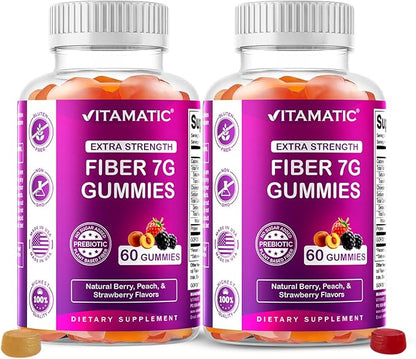 Vitamatic Prebiotic Fiber Gummies for Digestive Health & Regularity, Extra Strength, 7g Fiber per Serving, Zero Sugar Added, Made in USA, 60 Count (2 Pack)