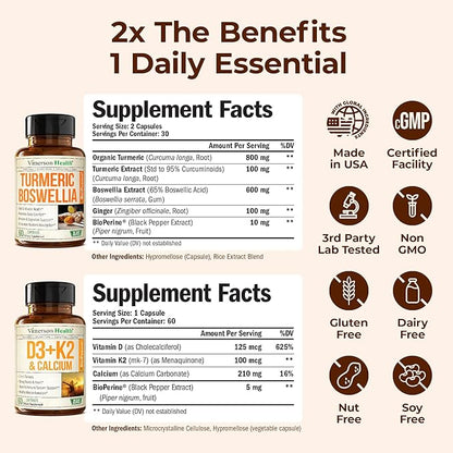Boswellia Turmeric Curcumin Supplement + Vitamin D3 K2 5000 IU Bundle – Supports Joint Health & Immune, Bone, Heart Health – with Ginger Root, Organic Turmeric Powder, Vitamin D, K2, Calcium