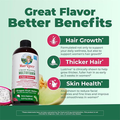 MARYRUTH'S Liquid Multivitamin + Hair Growth | Biotin 10000mcg | Lustriva Hair Growth Supplement | Clinically Tested in Women for Thicker Hair & Facial Wrinkle | Skin Care | Ages 18+ | 15.22 Fl Oz