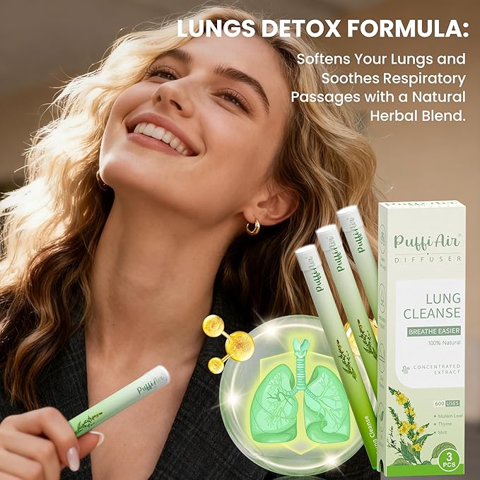 Herbal Diffuser Pen, Detox Diffuser with Mullein, Thyme & Mint for Better Breathing, All Natural Swap - Up to 600 Uses (Varies by Usage), 3 Diffusers, 1 Pack