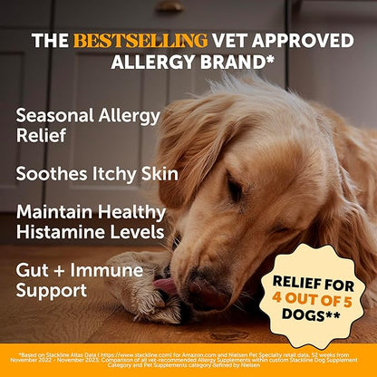 Dog Allergy Relief Immunity Chews - Paw Licking, Itching & Seasonal Allergies - With Colostrum, Probiotics, Turmeric & Salmon Oil - Vet Recommended Anti-Itch Supplement for Dogs (Peanut Butter, 90 Ct)