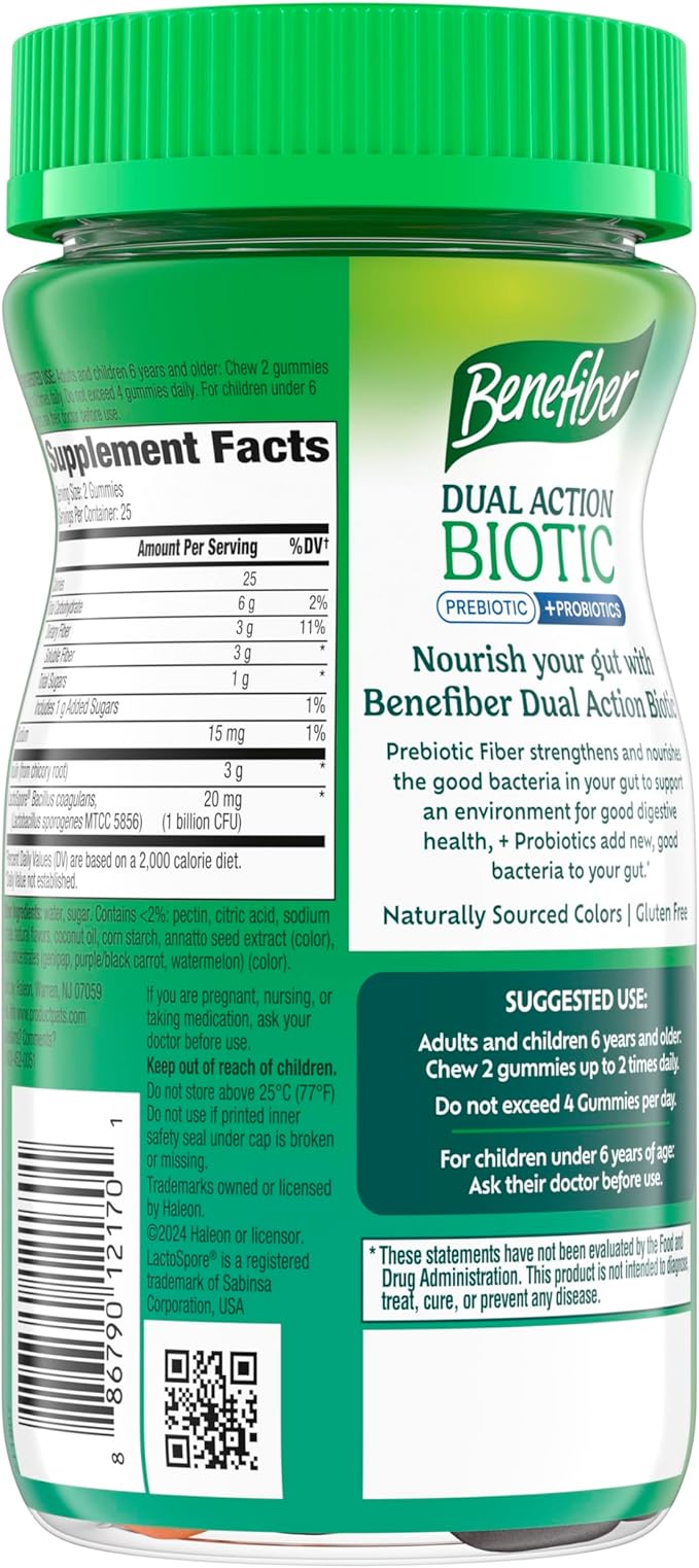 Benefiber Prebiotic GLP-1 Friendly Fiber Supplement Gummies with Probiotics for Digestive Health, Assorted Fruit Flavors - 50 Count