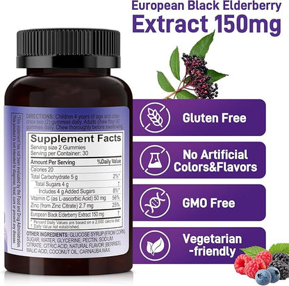 Biobor Natural Black Elderberry Gummies 150mg, Elderberry Fruit Extract with Vitamin C and Zinc, Herbal ElderCraft® Gummies Daily Immune Support for Kids and Adults, 60 Count