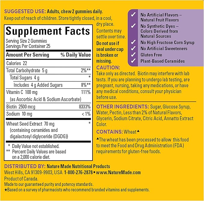 Nature Made Skin Hydration Gummies Plus Plant-Sourced Ceramides, Support Healthy Skin As You Age, with Biotin & Vitamin C, 50 Gummies, 25 Day Supply