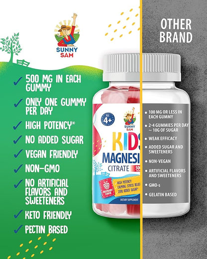 Sugar-Free Magnesium Gummies for Kids & Teens - 500mg Calm Magnesium Citrate Gummies - Kids Magnesium Gummy - Chewable Magnesium Gummy Supplement for Sleep, Mood & Muscle Support - 2Pack