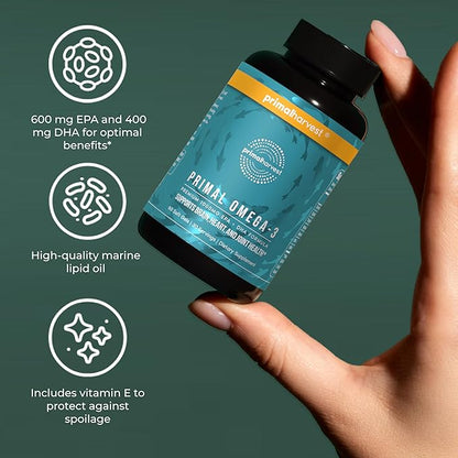 Primal Harvest Omega 3 Fish Oil Supplements, 30 Servings Soft Gels Capsules w/ 1000mg EPA + DHA Supplements, No Fishy Burps Non-GMO Omega 3 Fatty Acid, 2 Pack