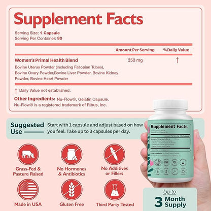 Happee Grass Fed Beef Organ Supplement for Women - Beef Liver, Heart, Kidney, Ovary & Uterus Blend - Hormone Balance, Energy & Cycle Support - 90 Capsules