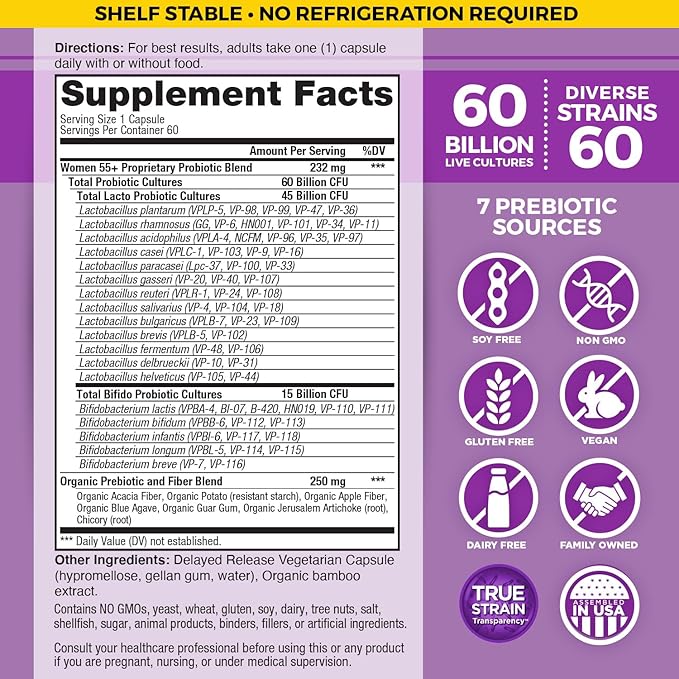 Vital Planet - Vital Flora Probiotics for Women Over 55 Daily Shelf Stable Probiotic 60 Billion CFU, 60 Diverse Strains, 7 Organic Prebiotics, Immune Support and Digestive Health 60 Capsules
