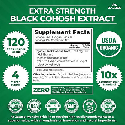Zazzee USDA Organic Black Cohosh 10:1 Extract, 120 Vegan Capsules, 4 Month Supply, Actaea Racemosa, Women’s Health & Hormonal Balance Support, All-Natural, Non-GMO, Made in the USA