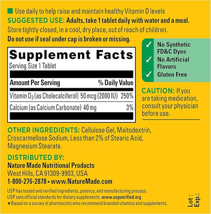 Nature Made Vitamin D3 2000 IU (50 mcg), Vitamin D Supplement for Bone, Teeth, Muscle and Immune Health Support, 100 Tablets, 100 Day Supply