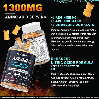 Nextdia Sugar Free L Arginine Nitric Oxide Gummies 1300mg for Men & Women with L Citrulline, Beet Root, B3 | L Arginine L Citrulline Supplements | Vegan, 120 Counts