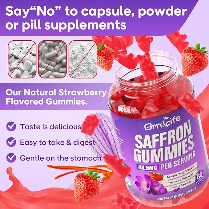 Saffron Gummies for Kids & Adults, 10-in-1 Cortisol Supplement with Saffron 88.5mg, Vitamin D3, B6, Magnesium, Zinc, Ashwagandha, L-Theanine, St. John's Wort, for Emotions, Zzz, 60 Count