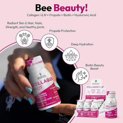 Bee and You Collagen Liquid Shot Drink with Vitamin C, Propolis Extract, Hyaluronic Acid, Biotin, Promotes Skin, Hair, Nail and Joint Health, 1.69 fl. Oz x 12 Pack
