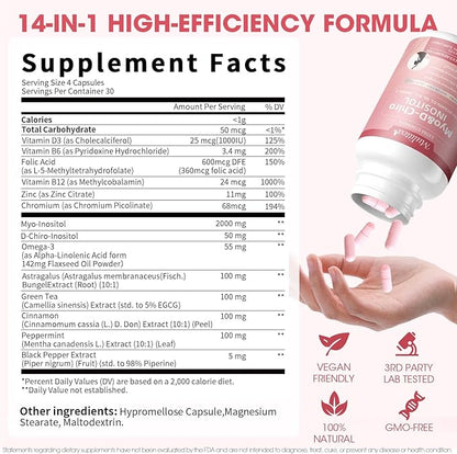 Mulittea Myo-Inositol & D-Chiro Supplement for Women - 14-in-1 Liposomal Inositol with Folic Acid,Omega-3 & Multivitamin for Hormone Balance,Support Ovarian,Skin & Mood- 40:1 Vegan 120 Capsules