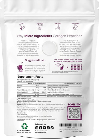 Micro Ingredients Multi Collagen Peptides Powder, 1lb – Hydrolyzed Type I,II,III,V,X with Biotin, Hyaluronic Acid, Vitamin C – Unflavored Collagen for Women & Men, Easy Dissolve, 41 Servings