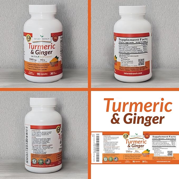 Turmeric and Ginger Supplement - Organic Turmeric & BioPerine - 95% Curcuminoids for Joint Support & Digestion | High Absorption Black Pepper Extract, Vegan, Curcumin Pills, Extra Strength 90 Capsules