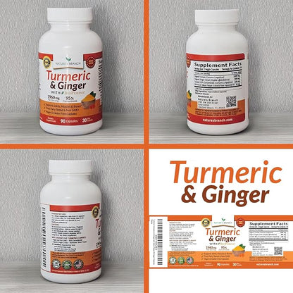 Turmeric and Ginger Supplement - Organic Turmeric & BioPerine - 95% Curcuminoids for Joint Support & Digestion | High Absorption Black Pepper Extract, Vegan, Curcumin Pills, Extra Strength 90 Capsules