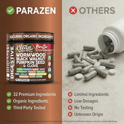Clean Nutra Wormwood Black Walnut Pumpkin Seed Clove Oil Celery Garlic Grape Papaya Neem Diatomaceous Earth Womens Probiotic Gut Health Cleanse Detox Oregano Olive Turmeric Supplement Vegan Capsules